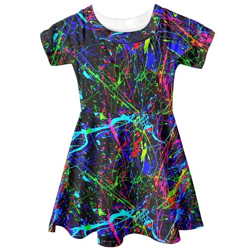 Girls Tie-Dye Dress Neon Rainbow Paint Dresses Galaxy Sundress Short Sleeve Casual Play 4-14Y