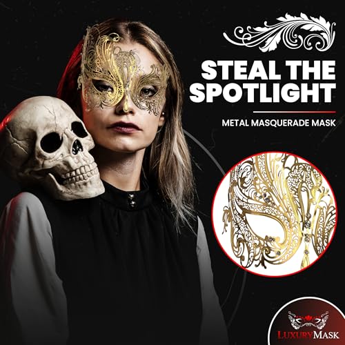 Image of Metal Filigree Masquerade Mask for Women - Swan Style Mask with Rhinestones for Mardi Gras, Prom, Halloween & Venetian Party