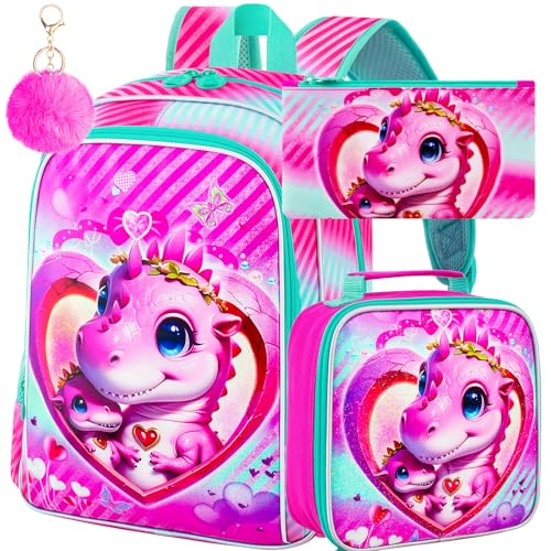 Image of 16 inch Dinosaur Backpack for Girls, 3Pcs School Bookbag with Lunch Box, Kids Backpacks Set for Elementary Preschool Kindergarten(Pink)