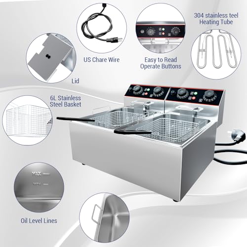 Commercial Deep Fryer, 12.6 QT Electric Deep Fryer with Double Basket and Lid, Stainless Steel Deep Fryer with Independent Temperature Control for Restaurant or Home Use, 1500W+1500W