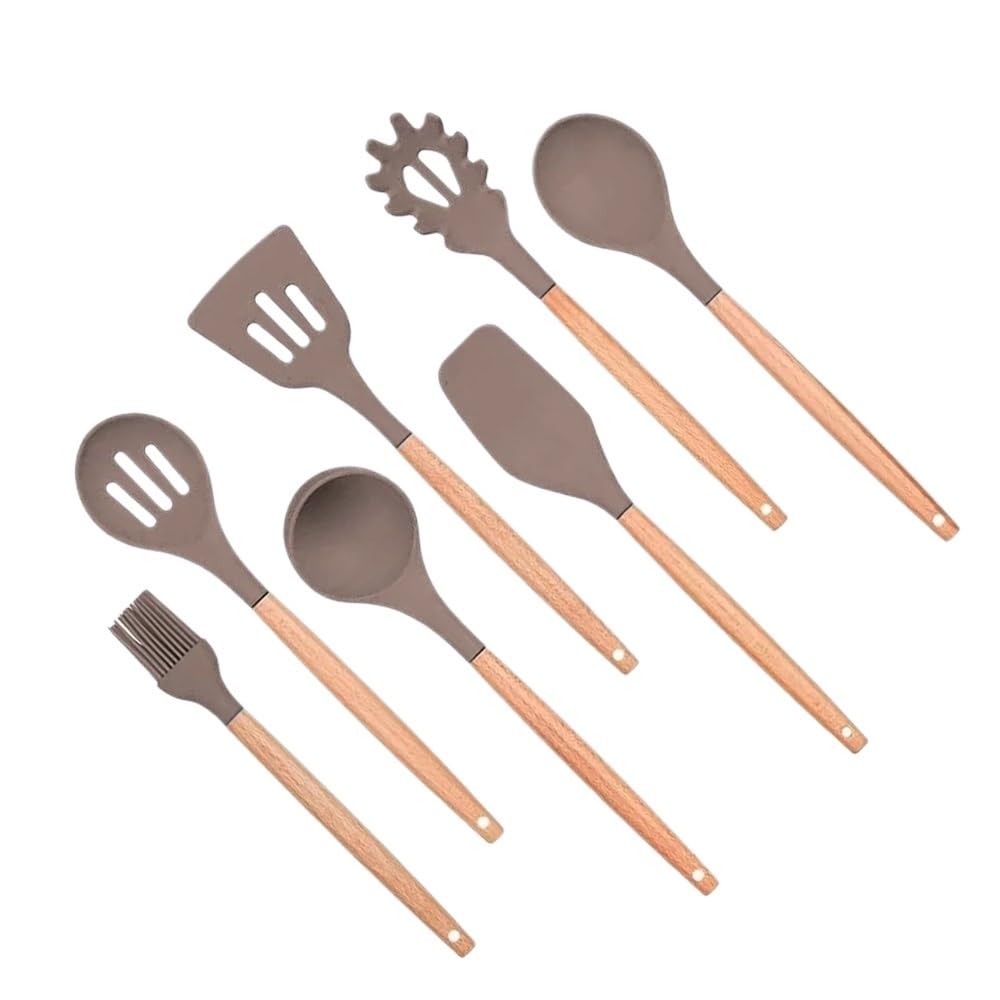 Juego de utensilios de cocina de silicona, antiadherentes, mango de madera, espátula, cuchara de sopa, caqui (K07)