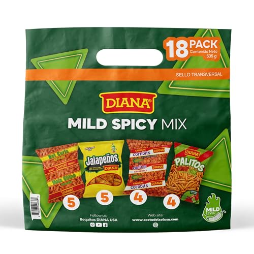 Diana Mild Spicy Snack Variety Pack with Hot Curls, Jalapeños, Spicy Cornbits and Chili Limón Palitos, 18 Oz (Pack of 18)