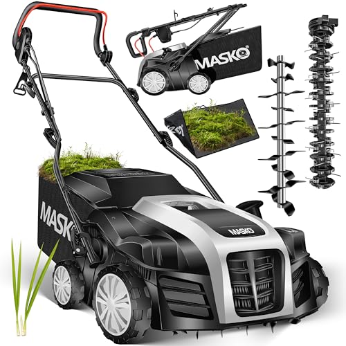 MASKO® Escarificador eléctrico 2 en 1, aireador de césped 1800W, 40 cm de ancho de trabajo, cesta de recogida de 55 l, eliminador de musgo, profundidad de trabajo ajustable en 5 etapas, negro
