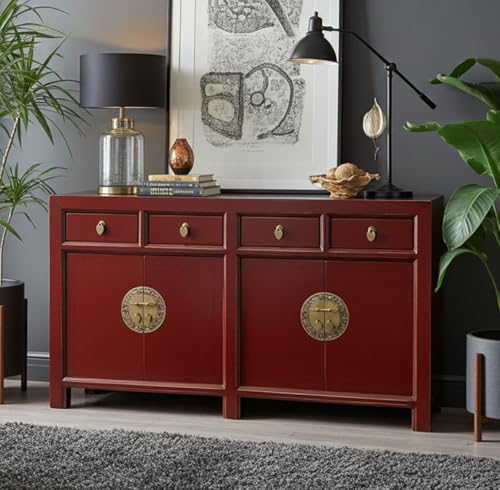 OPIUM OUTLET Cómoda china Asia, aparador asiático, armario oriental aparador, buffet, armario de boda, vintage, completamente montado, rojo escarlata rojo