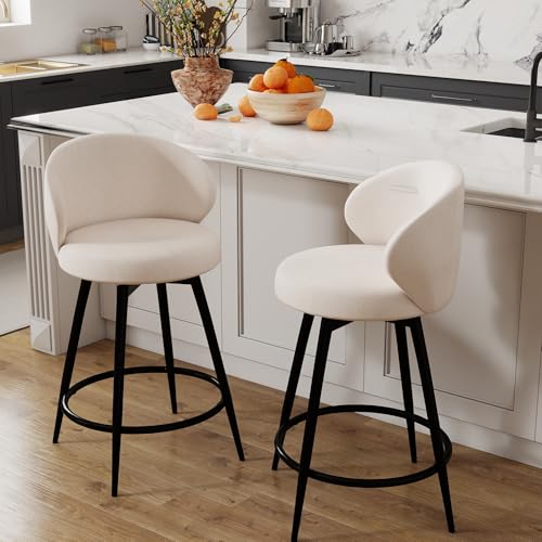 Image of 360 Swivel Modern Bar Stool Set of 2, 26 inch Upholstered Counter Height Bar Stools with Wingback, Soft Linen Fabric, Counter Chairs with Arm for Kitchen Island or Home Bar, Ivory