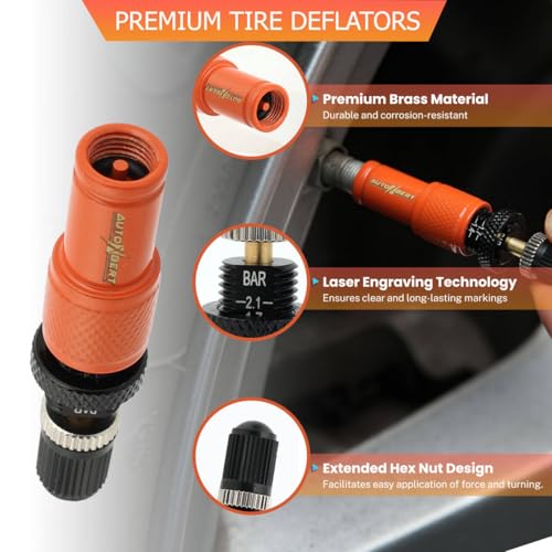 Image of Adjustable Auto-Stop (10-30 PSI) Tire Air Down Deflator Valve Kit,Includes Valve Caps & Storage Bag,4-in-1 Valve Tool Compatible with Car, Truck, Jeep, SUV, ATV(Orange)