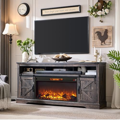 OKD Fireplace TV Stand for 80 Inch TV, 33" Tall Highboy Farmhouse Entertainment Center w/ 36'' Electric Fireplace, Rustic Media Console w/Sliding Barn Door for Living Room, Reclaimed Barnwood