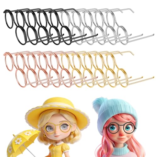 Bxhlxzz 20 Pcs Mini Doll Glasses, Metal Wire Round Frames No Lens, 4 Colors (Gold/Silver/Black/Rose Gold), Tiny Eyeglasses for Doll Dress Up, DIY Crafts, Pet Costume, Photo Props
