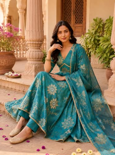 Image of KD Women's Cotton Printed Kurta Set with Pants & Dupatta | Elegant Ethnic Wear for Women | Floral Print |