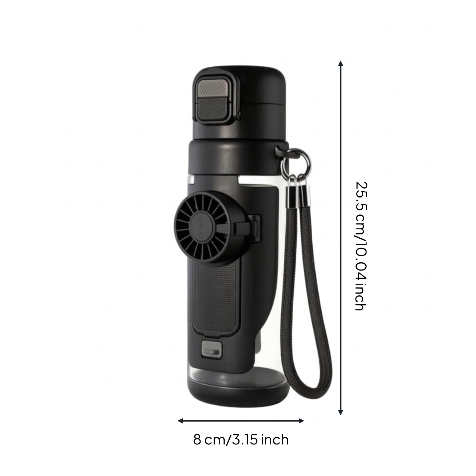 perfk Botella de Enfriamiento Portátil Taza de Agua Vaso Térmico Termo Portátil con Ventilador Incorporado Tapa Doble Bebida y Correa para Diseño Cilíndrico, Negro