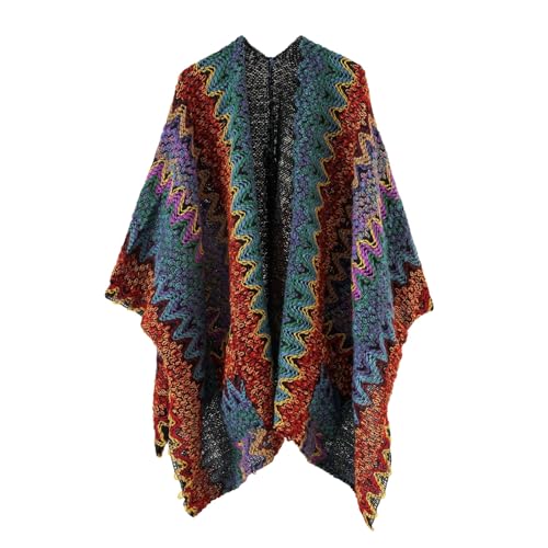 XIAOYIWIN Poncho écharpe pour femme – Couleurs mélangées tendance col moelleux châle pull automne hiver ourlet irrégulier ouvert sur le devant Poncho surdimensionné pour femme, Rouge, taille unique