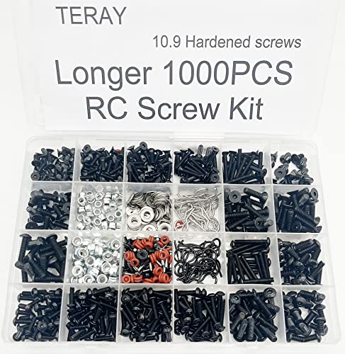 1000pcs Universal RC Screw Kit Screws Assortment,Set Hardware Fasteners for Traxxas Axial Redcat HPI Arrma SCX10 Losi 1/8 1/10 1/12 1/16 Scale RC Cars Trucks Crawler, RC Screw Kit (1000Piece Longer)