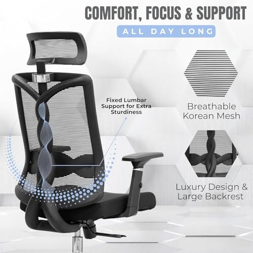 Image of Spiralflex Ergonomic Office Chair for Work | Multi-Lock Synchro Tilt Mechanism | 4 Year Warranty | 3D Armrest | Adjustable Lumbar (Grey, 3 Position Lock)