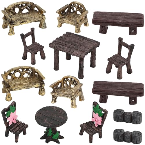 Onest 14 Pieces Garden Miniature Accessories Mini Table And Chairs Village Bench Chair Micro Landscape Garden Ornament Figurines For Diy Craft Garden Decor cover