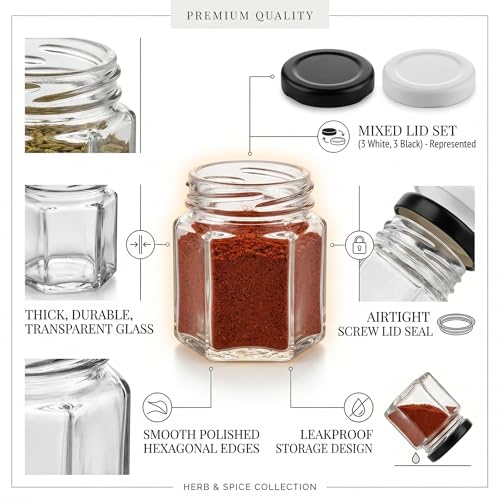 Image of Cute Hexagonal 50 grams Airtight Glass Jar Containers for Honey, Spices & other Kitchen Items with Rust Proof Black & White Color Caps -Set of 06