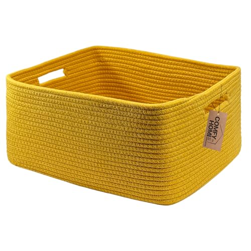 COMFY-HOMI Cotton Rope Woven Basket with Handles for Shelves,Toys,Book, Cloth Storage Baskets for Organizing-17" x 13" x 7.5" Toy Decorative Organizer for Living Room, Bathroom （Yellow） 17''