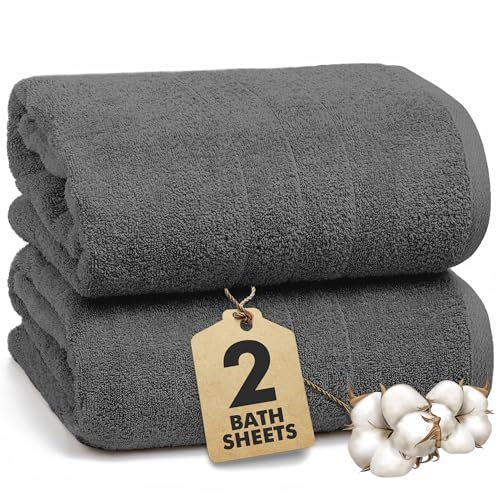 Novo Home Bath Sheets - Extra Large Bathroom Sheet Set 550 GSM Pack of 2 Jumbo Towels Dark Grey (90x180cm) 100% Ring Spun Cotton Soft Quick Dry Large Bath Towels for Adults Hotel Spa Bathroom Use