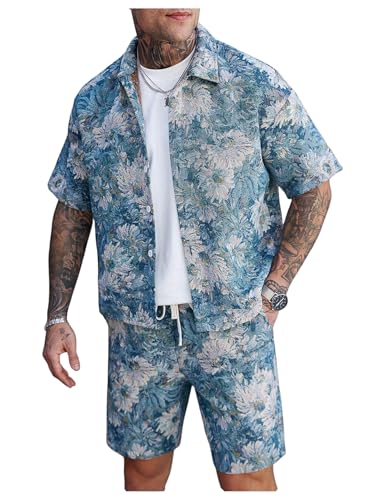 Men's 2 Piece Vacation Outfits Floral Short Sleeve Button Down Shirt and Shorts Summer Clothing Set