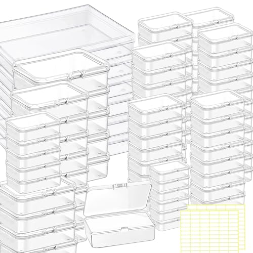 FEDESERN Bead storage container,90pcs of different sizes rectangular mini clear plastic storage box with hinged lid and label for bracelet making DIY jewelry craft nail organizer,(Mix Size-1)