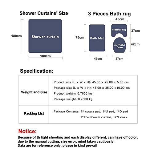 ETOPARS Marmor Textur Bad Duschvorhang Teppich Set 4 Stück Weiche & rutschfeste Badematte, U-förmiger Kontur Teppich, Toilettendeckelabdeckung 72 x 72 Zoll, Marmor Textur 03 – Bild 8