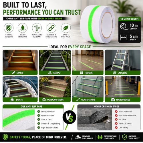 Image of YORWE Anti Slip Stair Tape with Glow in the Dark Strip - Heavy Duty Waterproof Non Slip Traction Tape for Stairs, Steps, Outdoor & Indoor Safety (White and Green, 15 Meter)