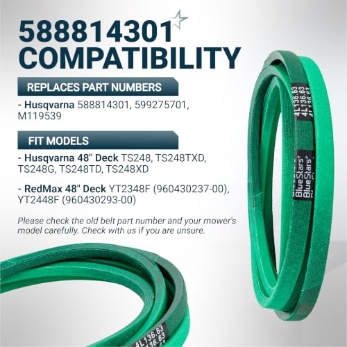 Image of [Upgraded Grip120] BlueStars 588814301 Deck Belt Aramid Cord 136.63 inch x 1 /2 inch | Deck Belt for 48 Inch Husqvarna GT48DXLS LGT48DXL TS348 TS348D YT48DXLS RedMax Lawn Mower - Replaces 599275701 M119539