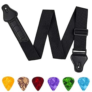 URATOT Sangle de guitare réglable avec extrémités en cuir pour guitare avec 3 supports de médiators et 6 médiators Noir - Les Beatles, Paul McCartney, John Lennon, RIngo Starr, George Harrison