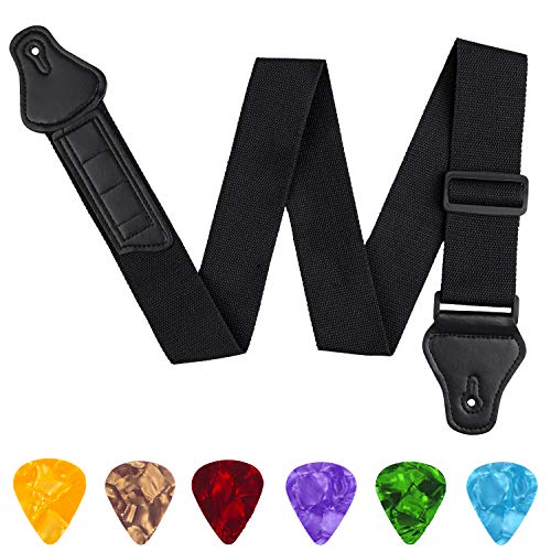 URATOT Sangle de guitare réglable avec extrémités en cuir pour guitare avec 3 supports de médiators et 6 médiators Noir - Les Beatles, Paul McCartney, John Lennon, RIngo Starr, George Harrison URATOT Sangle de guitare réglable avec extrémités en cuir pour guitare avec 3 supports de médiators et 6 médiators Noir