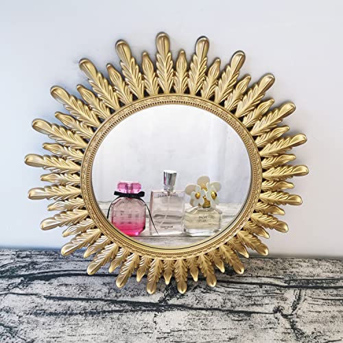 Ham Hamphinee Feather Mirror Tray, Decorative Wall Mirror, Vintage Home Décor For Living Room, Kitchen, Bedroom, Or Hallway, For Table Top Or Wall Hanging Display, 12”X12”, Gold #TOP1
