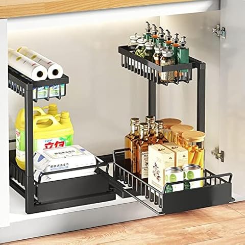 BYGD Under Sink Organizer, Pull-out Bathroom Sink Organizer 2-ply Under Kitchen Sink Organizers And Storage, With 4 Hooks Cover