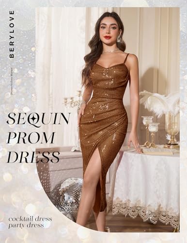 Image of BeryLove Summer Sequin Cocktail Prom Wedding Guest Dresses Sparkly Party Evening Formal Spaghetti Strap Dress