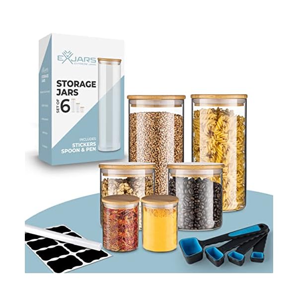 Extreme Jars Glass Storage Jars - 6 Glass Jars for Food Storage with Lids - Airtight Bamboo Lid Storage Containers incl. Spoon, Stickers, Pen - Food Storage Jars Pantry, Kitchen, Pasta, Candy, Cereals (6)