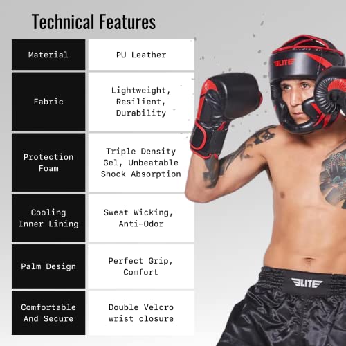 Elite Sports Muay Thai Gloves For Men & Women - Kickboxing Punching Sparing & Muay Thai Specific Training - Pre-Curved Breathable Cooling & Lightweight - Double Layer Wrist Straps -14 Oz - Red #TOP2