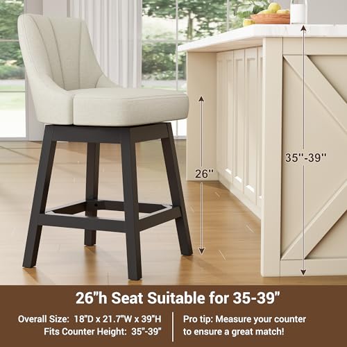 Image of YaFiti Swivel Bar Stool 1 Pcs, 26 Inch Counter Height Bar Stools with Backs, Modern Linen Fabric Extra Upholstered Barstools with Square Solid Wood Legs for Kitchen Island, Dining Room, Beige