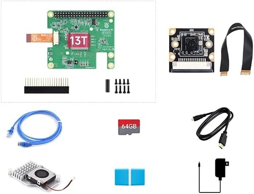 TUOPUONE AI Kit, Compatible with Raspberry Pi 5, Bundle with Raspberry Pi AI HAT+ 13T, PI5-IMX219-77 Camera, Cooler, 64GB TF Card, Cable and Other Accessories Items (PI5 AI Acce C)
