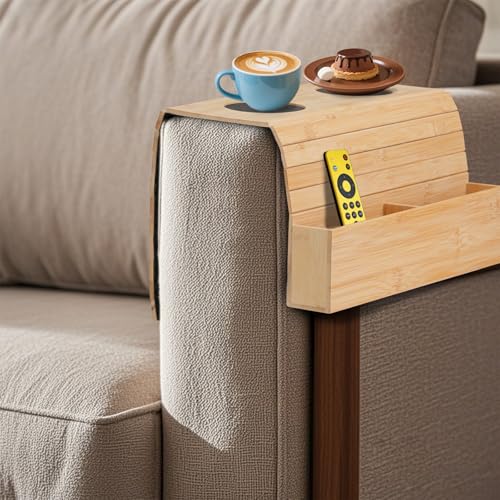 Jiayaus Bandeja de sofá con soporte para bebidas y 2 coasters, bandeja de sofá de madera, bandeja para sofá, reposabrazos, bandeja plegable para sofá, bandeja para bebidas, aperitivos, mando a
