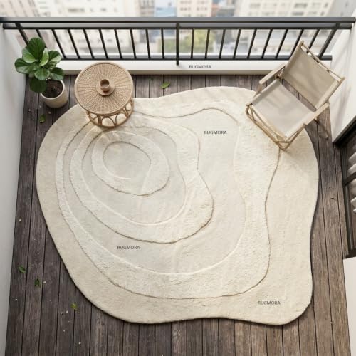 Image of Hand Tufted Wool Rug 6x8 Ft - Modern Irregular Shape Aesthetic Carpet, 1 Inch Thick Pile, Anti-Skid Backing, Soft Handmade Woolen Area Rug for Living Room, Bedroom, Hall Decor