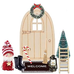 BINXWA Gnome Door Accessories Christmas Tree Decorative Wreath Gnome Door Wooden Christmas Gnome Small Wall Hanging Christmas Decoration Gnome Door Set