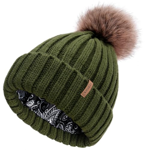FURTALK Womens Winter Beanie Hat Satin Lined Faux Fur Pom Pom Beanies Hat for Women Winter Warm Knit Hats, Green, One size