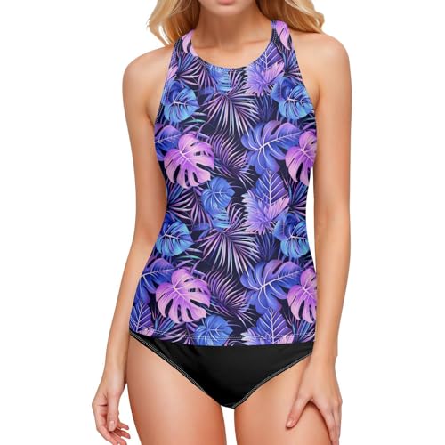 Haut de maillot de bain feuilles tropicales violettes pour vos journées farniente au soleil
