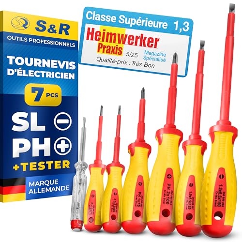 S&R Jeu Tournevis d'Electricien Aimantés Isolés VDE 7 pièces,avec Tournevis testeur. Outillage Electricien mécanique Professionnel