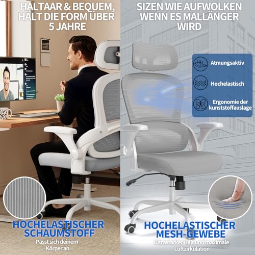 Image of TRALT Ergonomic Office Chair, Desk Chair with Adjustable Headrest, Height-Adjustable Office Chair, Office Chair, Ergonomic Desk Chair, Gaming Chair, 150 kg for Long Time, Grey