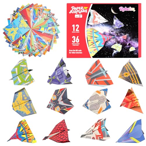 Paper Airplane Kits, Origami Kit for Kids Ages 5-8, 12 Classic Origami Designs, 36 Sheets of Colorful Origami Paper, Crafts for Kids Activities, Airplane Gifts for Kids Ages 5-12 Boys and Girls