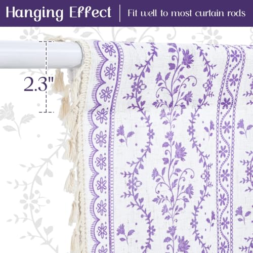 Image of Yinhua Boho Swag Valance Curtains Vintage Linen Valances for Windows Light Filtering Floral Kitchen Valance Rod Pocket Rustic Tassel Window Valances for Bathroom Cafe, 60 inch W x 36 inch L, White Purple