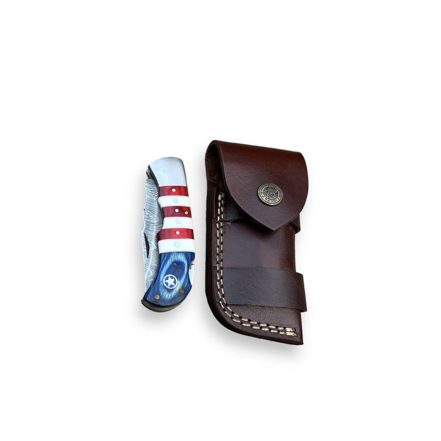 Handmade Damascus Folding Knife - Men's EDC Gift Knife & Damascus Blade with Back Lock & Red, Blue Pakka Wood & Bone Handle & Leather Sheath