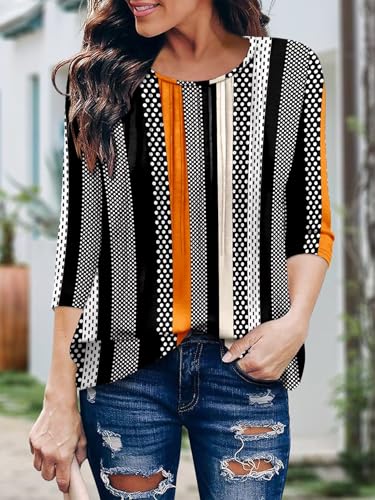 KISSMODA Tunic Tops for Women Loose Fit Dressy Round Neck Pleated 3/4 Length Sleeve Spring Tops