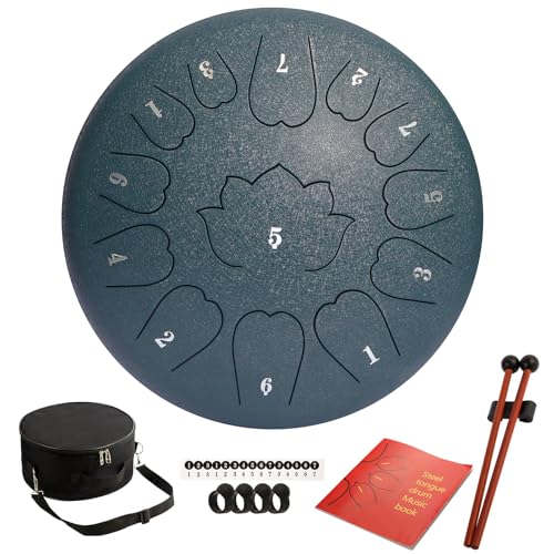 Image of Steel Tongue Drum - 12-Inch 13-Notes Tongue Drum, D Major Outdoor Rain Drum With Tote Bag, Music Book, and Hand-Held Drumsticks (navy blue)