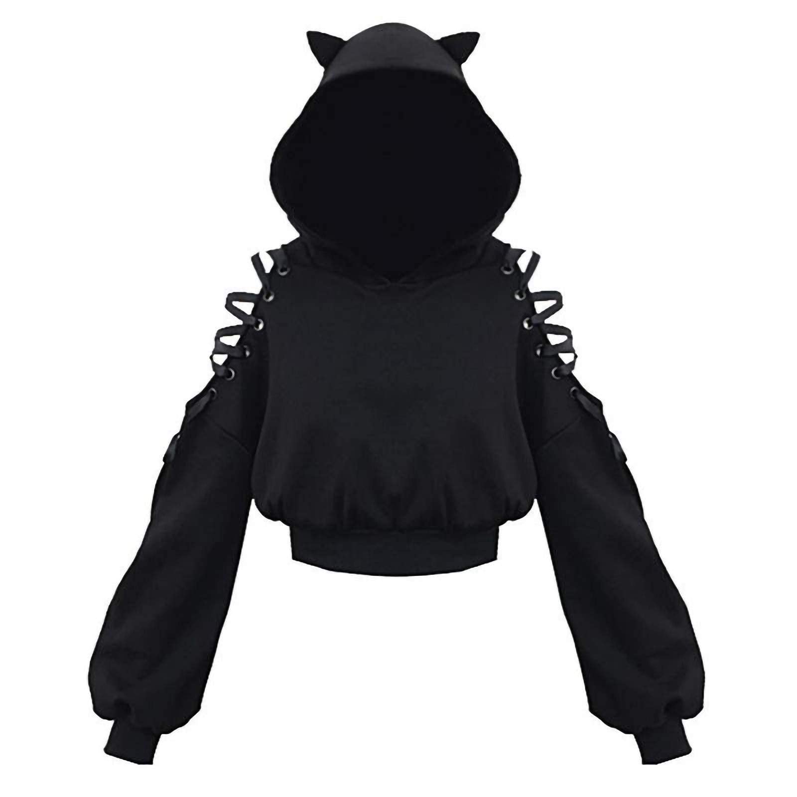 Women's Cute Cat Ear Hoodie Hollow Out Long Sleeve Sweatshirt Loose  Pullover Top Witchcraft Cool Crop Top Hip Hop Hooded