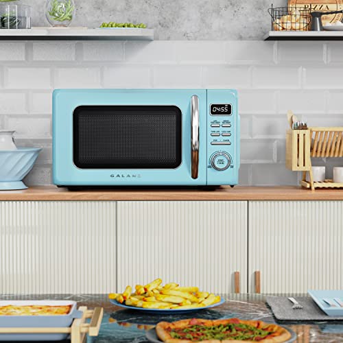 Image of Galanz GLCMKZ11BER10 Retro Countertop Microwave Oven with Auto Cook & Reheat, Defrost, Quick Start Functions, Easy Clean with Glass Turntable, Pull Handle, 1.1 cu ft, Blue