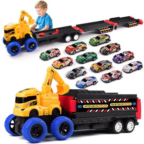 Havnidy Transporte Truck - Coche de Juguete para niños de 3, 4, 5, 6 años, Plegable, con 12 Coches de Remolque, Juguetes de construcción, Regalo para cumpleaños y Navidad